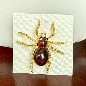 Vintage Gold Spider Brooch Amber Body Textured Legs Statement Gothic Jewelry